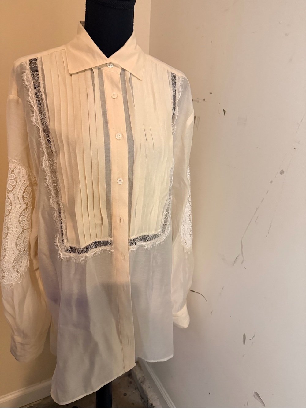 Cynthia Rowley sheer Ivory Lace Pintuck Button-Front Blouse